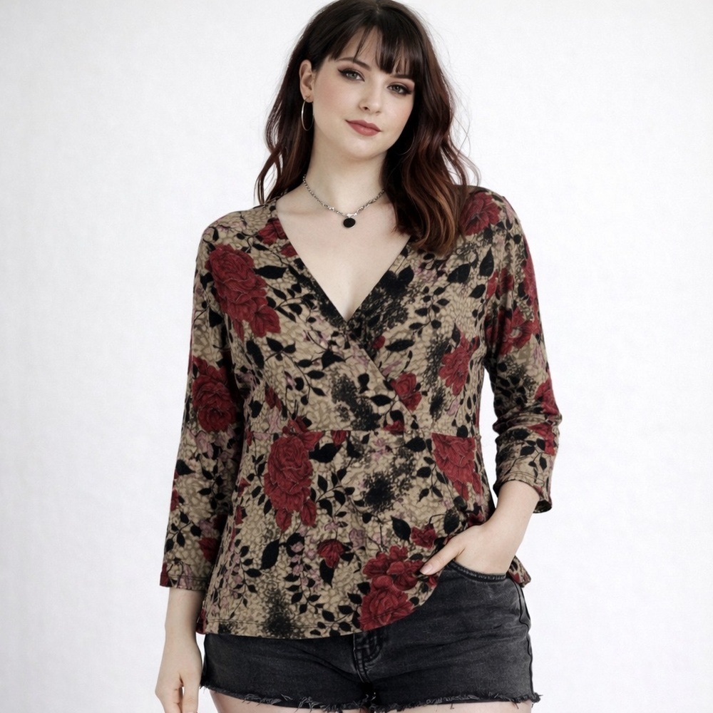 Vintage 90s y2k East 5th top large L faux wrap dark floral shirt grunge forest